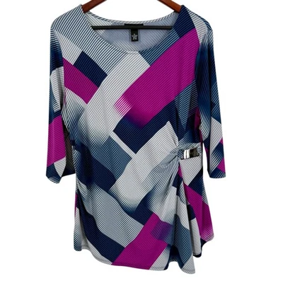 Blusa Camisa Top Artística Alfani Talla XL Súper Elástica Azul Geométrica Negocios Foto 1 de 4