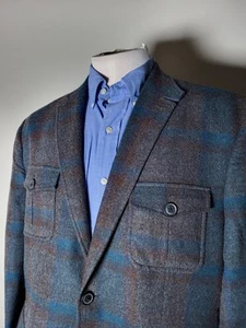 46R SLIM NORFOLK Tartan Plaid Teal Orange Fkannel Tweed Wool Blazer Coat Jacket - Picture 1 of 8