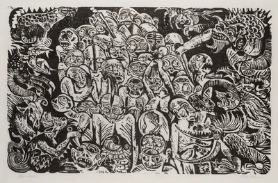 K. EBERLEIN (1941-2023), Qualen. Folterungsszene mit Dämonen, Holzschnitt - Bild 1 von 4