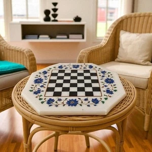 12" White Marble Chess Board Lapis Inlay Floral Arts Chess Sets Gifts For Homes - Picture 1 of 4