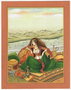 Persian Miniature Painting Of Persian Queen Sitting On Terrace 10.5x13.5 Inches - Picture 1 of 7