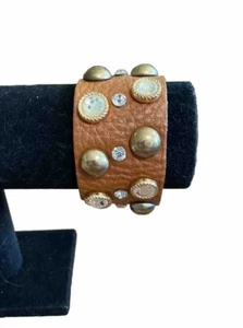 Brown Leather Snap Bracelet Gold Tone Studs Rhinestones C88-61 - Picture 1 of 4