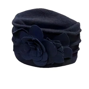 Cappello secchiello 100% lana donna O/S blu navy feltro cloche floreale arte fiore flapper - Foto 1 di 6