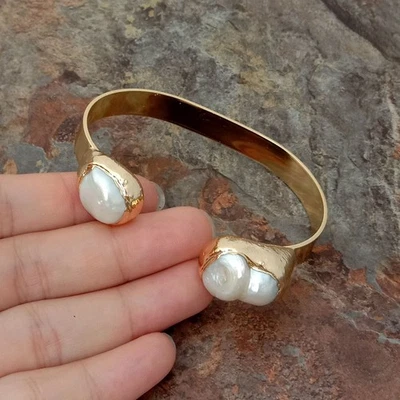 Brazalete Brazalete 15x21MM Blanco Perla Keshi Chapado en Oro 24 K Foto 1 de 4