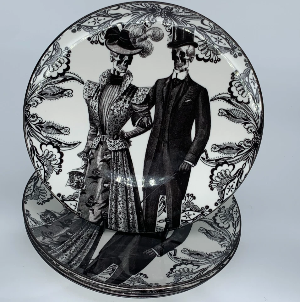 Set~(4) Halloween Dinner Plates Zrike Brands Skull Couple  10.5" Gothic  Décor - Image 1 of 4