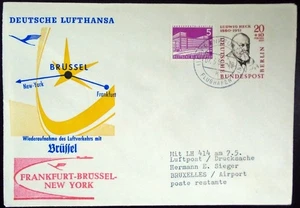 FFC-4 1958 Lufthansa First Flight Cover Frankfurt Brussels NY 2 German stamps - Picture 1 of 2