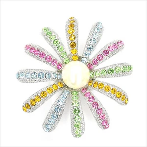 Sunflower Cocktail Rings Crystal Multicolor White Faux Pearl Silver Tone New 145 - Picture 1 of 1