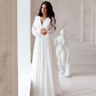Long Sleeve Simplistic Greek Goddess V Neck Ribbon Bridal Gown Wedding Dress