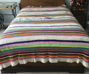 Vintage Crochet Blanket Afghan Handmade Scrappy Yarn Stripe 73”x94” Multicolor - Picture 1 of 3