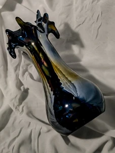 Stunning & Unique 8" Iridescent Carnival Glass w/Browns & Blue Ruffled Rim Vase  - Picture 1 of 7