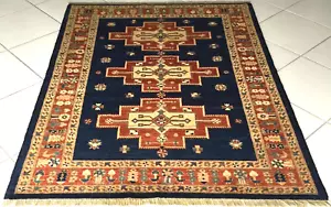 Afghan Spezial Kazak Orient Teppich Handgeknüpft Turkmen Blau Beige Rug Carpet - Bild 1 von 8
