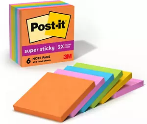 Post it Super Sticky Full Stick Notes 3 in x 3 in, 6 Pads, 2x the Sticking Powe - Picture 1 of 12