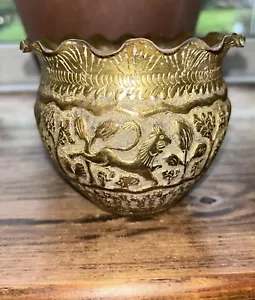 Antique AngloIndian Repousse Brass Decorative Planter Forest Hunting Scene 19thC - Picture 1 of 7