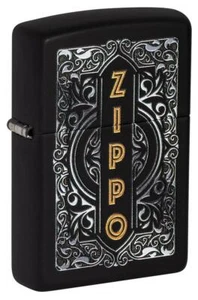 Zippo Black Matte Lighter With Gold & Silver Filigree & Logo, 49535, New In Box - Picture 1 of 4