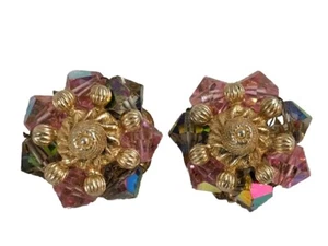 Aurora Borealis goldfarbene Perlen Vintage Clip On Mode Ohrringe - Bild 1 von 3