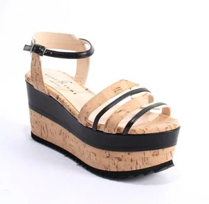 Gibellieri a72 Cork / Black / Gold-Tone Leather Ankle Platform Sandal 40 / US 10 - Picture 1 of 8