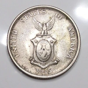 1945 S Filipinas Fifty Centavos United States of America W.W.2 Silver War Coin - Picture 1 of 2