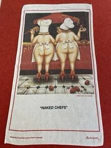Toalla de té de lino vintage Rodriguez Australia patrón de chefs desnudos plato de cocina arte - Imagen 1 de 18