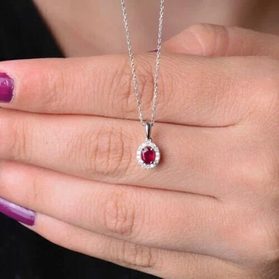 Red Ruby 2 Ct Oval Cut Simulated Halo Pendant Necklace In 14K White Gold Plated - Image 1 of 4