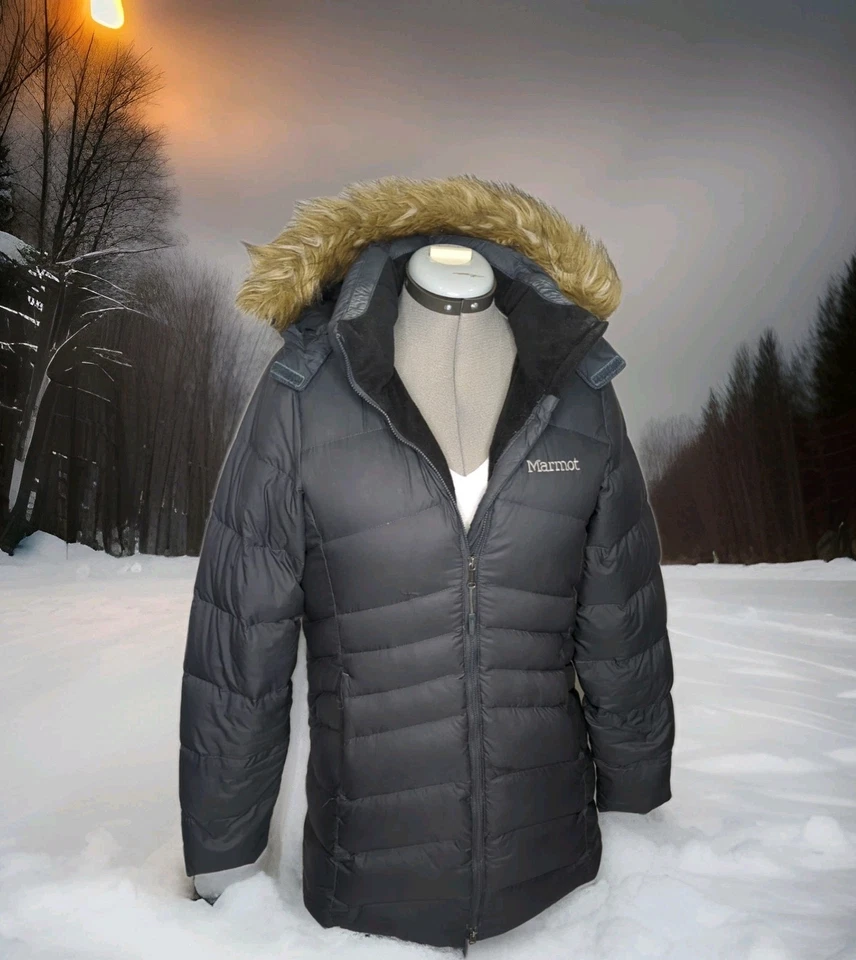 Parka de plumón Marmot Montreal chaqueta acolchada media muslo para mujer abrigo mediano de piel con capucha Foto 1 de 4