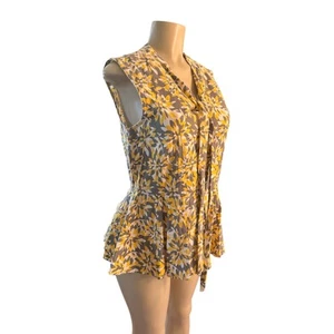 Women L Mata Traders Yellow Floral Print Tie Neck Peplum Blouse Shirt Cotton Top - Picture 1 of 6