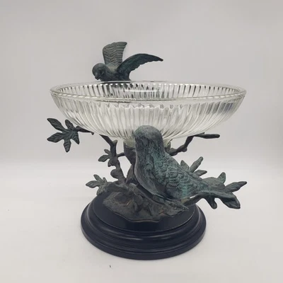 Cuenco de vidrio vintage con pájaros y árbol escultura estatua latón bronce - SPI Foto 1 de 4