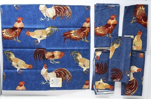 Rose Tree Cloth Napkins Roosters Chickens Blue Denim Cotton 18"x17" Set of 6 - Picture 1 of 4