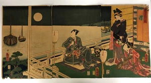 Kuniaki Woodblock Print Triptych: Snow, Moon, and Flowers Ukiyo-e - Picture 1 of 19