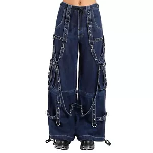 Men's Blue Gothic Pant Denim Jeans Wide Leg Cargo Punk Style Cotton Tripp Pant - Picture 1 of 5