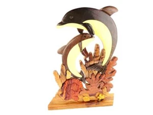 NAUTICAL TWO DOLPHINS ON REEF SEA LIFE NATURAL WOOD DECORATIVE ARTWORK FIGURINE - Picture 1 of 3