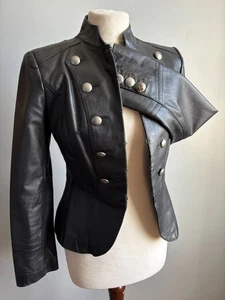 NEXT LEATHER MILITARY JACKET 14 12 black silver buttons cavalry steampunk real - Picture 1 of 18
