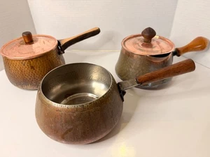 Vintage Hammered Copper Saucepan Lot (3) w/ Lids & Wooden Handles - Picture 1 of 4
