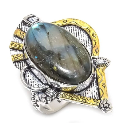 Anillo de dos tonos de joyería de regalo de plata de ley 925 con piedras preciosas de labradorita talla 10 q838 Foto 1 de 3