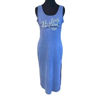 Vintage Harley-Davidson USA Tank Midi Dress Blue Logo Graphic Side Slit Large - Image 1 of 4