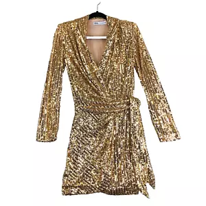 Zara Gold Pailletten Mini Wickel Kleid Damen XS Chic Designer Cocktail Party - Bild 1 von 8