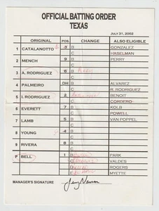7-31-02 Texas Rangers Game Used Umpire Lineup Card - Pudge & Alex Rodriguez - Picture 1 of 2