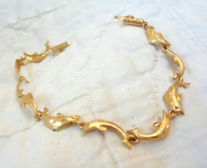 VINTAGE 14K GOLD DOLPHIN CHARMS LINK BRACELET ~ S - Picture 1 of 6