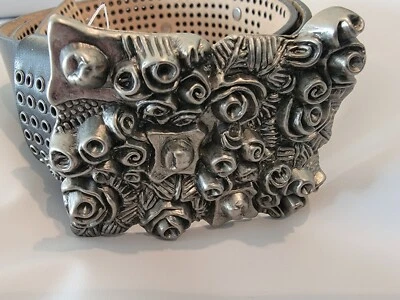 Vintage NWT Betsey Johnson Black Leather Abstract Metal Rectangle Buckle Belt M  - Image 1 of 4