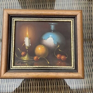 Wallace nature morte peinte sur toile bougie fruit et pichet Reproduction - Picture 1 of 3