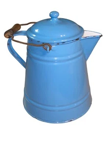 Extra Large Enamelware Antique Coffee Pot Wooden Handle Robin Egg Blue Lion Logo - Picture 1 of 11