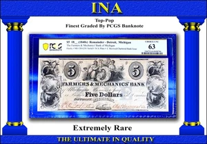 $5 Detroit Farmers & Mechanics Bank of Michigan Civil-War Money PCGS 63 Finest - Picture 1 of 3