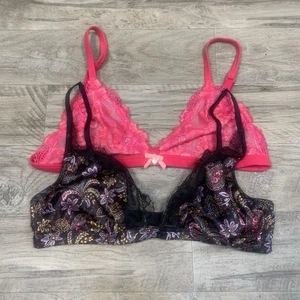 Victoria Secret 2 Triangle Satin Paisley Lace Bralettes M Pink Black - Picture 1 of 12