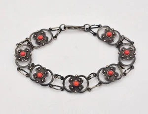 Antique 800 Silver Floral Link Bracelet 7.25" Red Coral Accents *48 DA Hallmark - Picture 1 of 15