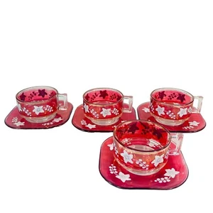 8 Piece Vintage Joe Colombo Arno ITALY 1960s Cup & Saucers Floral Red & White - Picture 1 of 6
