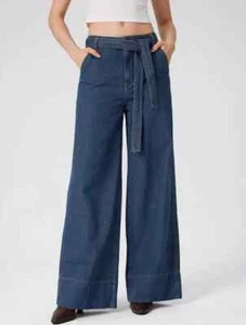Pantalones de mezclilla Oat New York azul para mujer 2/26 tiro alto pierna ancha con lazo frontal nuevos con etiquetas - Imagen 1 de 10