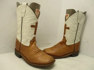 Old West Cowboystiefel braun weiß Leder gekreuzte eckige Zehenpartie Größe 2 Stil BSC1841 - Bild 1 von 8