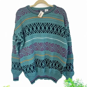 Vintage Atlas Sweater Men's XL USA Striped Teal/Multi Long Sleeve Acrylic - NEW - Picture 1 of 7