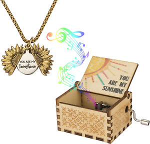 You Are My Sunshine Music Boxes with Sunflower Necklace Wooden Hand Cranked box