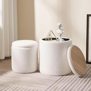 Round Boucle Upholstered Ottoman with Storage Set of 2 Vanity Stool Foot Rest wi - Picture 1 of 6