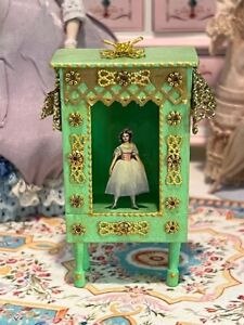 Vintage Artisan Miniature Dollhouse Green Gold Ballet Theater Wood Ballerina Box